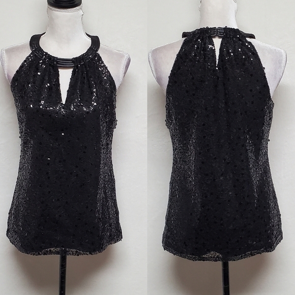 TAHARI Black Sequin Quilted Halter Neck Keyhole Sleeveless Top XS - Picture 1 of 12